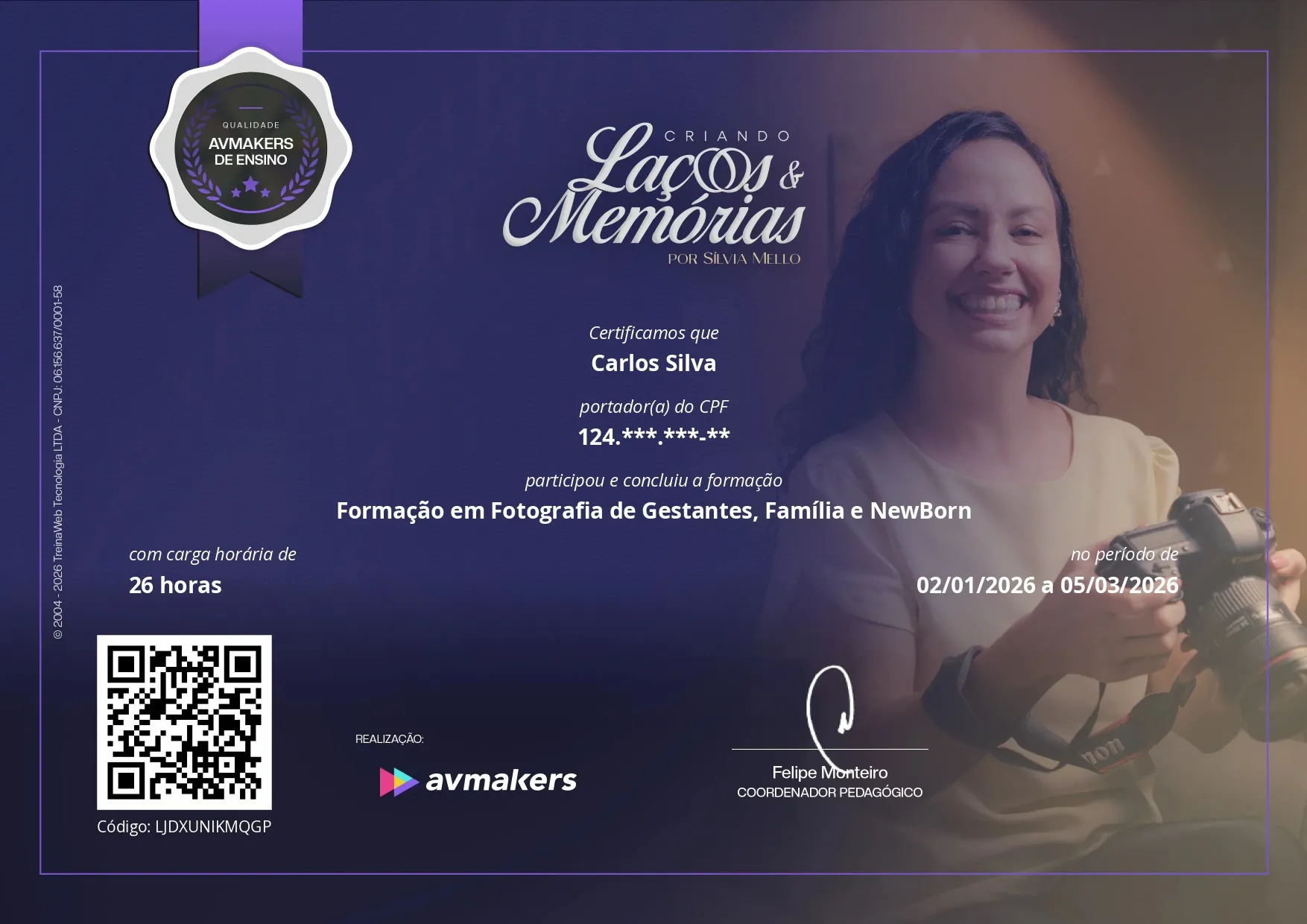 Exemplo de certificado da formação